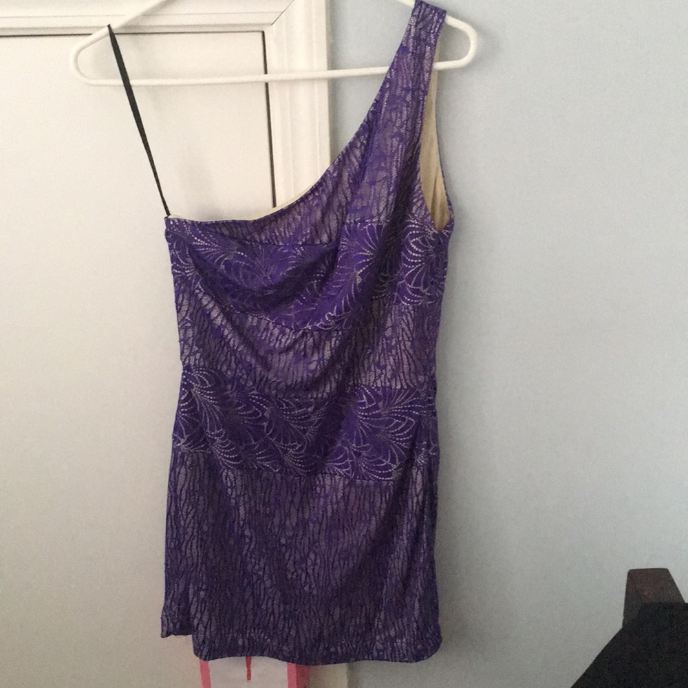 One strap, fitted Bebe mini dress.